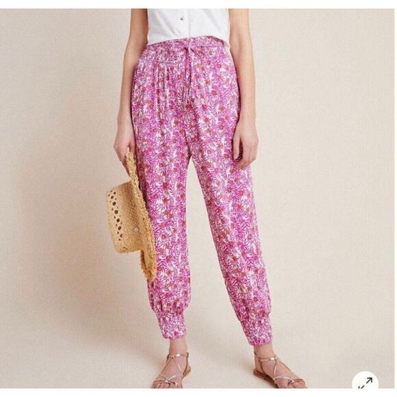 Anthropologie Pink Floral High Waisted Pull‎ on Jogger Pants Size M - Picture 1 of 13